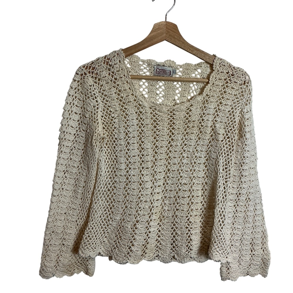 Vintage SK Imports Large Hand Crochet Cotton Sweater Cream Cottagecore Coastal